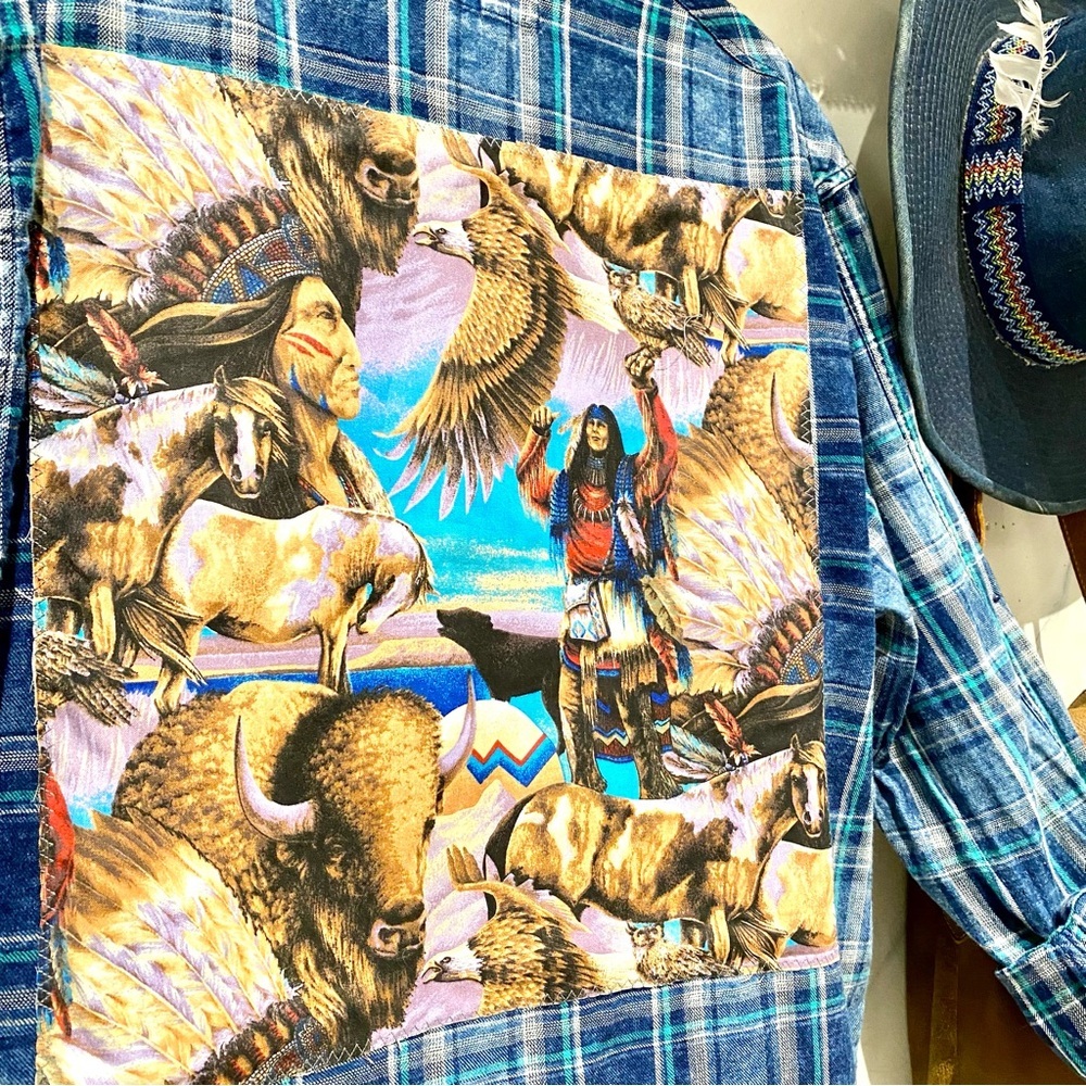 Upcycled Native wildlife back detailing plaid boho shirt w western country vibe